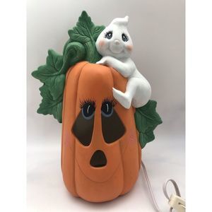 Ghost Climbing Pumpkin Light-Up HALLOWEEN Decoration Ceramic Bisque Vtg Electric